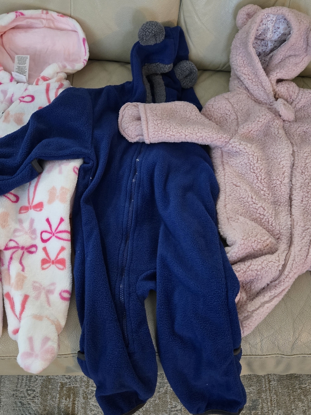3 Baby Fleece Onesies - Navy Blue, Light Pink, White w. Pink Bows 3MO